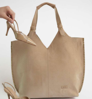 Borsa shopper Noco in pelle scamosciata con cuciture verde oliva